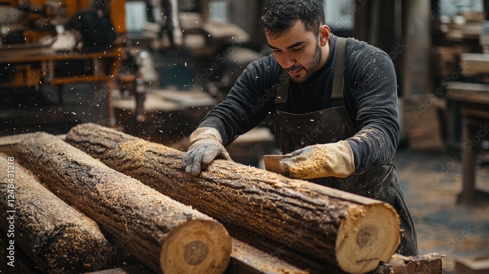 Lumberjack carefully shaping large logs in sawmill Lumberjack carefully shaping large logs in sawmill