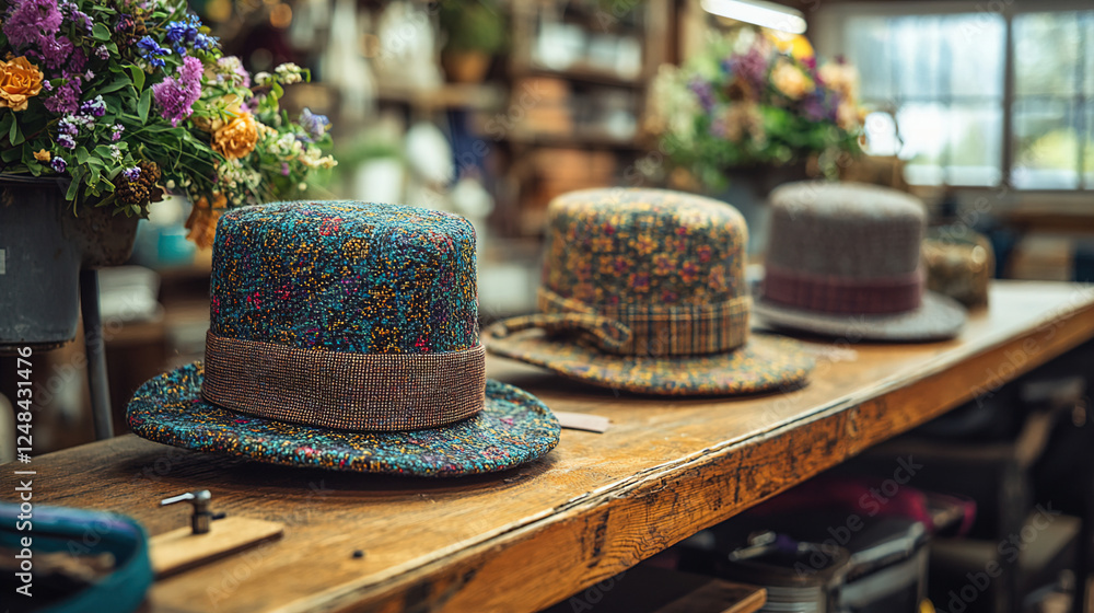 Colorful handcrafted hats displayed on a rustic table in a charming workshop filled with flowers and natural light. Generative AI Colorful handcrafted hats displayed on a rustic table in a charming workshop filled with flowers and natural light. Generative AI