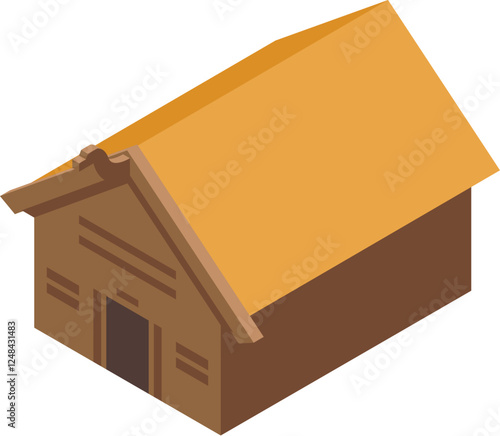 Isometric view of a wooden hut featuring a thatched roof, showcasing elements of traditional architectural design