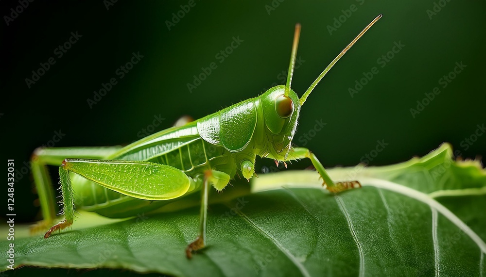 A macro shot of a tiny green grasshopper camouflaged on a leaf, highlighting its textured body and intricate details. The vibrant green hue blends seamlessly with the leaf A macro shot of a tiny green grasshopper camouflaged on a leaf, highlighting its textured body and intricate details. The vibrant green hue blends seamlessly with the leaf