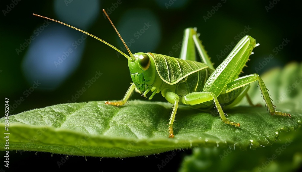 A macro shot of a tiny green grasshopper camouflaged on a leaf, highlighting its textured body and intricate details. The vibrant green hue blends seamlessly with the leaf A macro shot of a tiny green grasshopper camouflaged on a leaf, highlighting its textured body and intricate details. The vibrant green hue blends seamlessly with the leaf