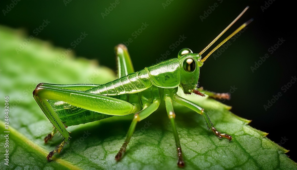 A macro shot of a tiny green grasshopper camouflaged on a leaf, highlighting its textured body and intricate details. The vibrant green hue blends seamlessly with the leaf A macro shot of a tiny green grasshopper camouflaged on a leaf, highlighting its textured body and intricate details. The vibrant green hue blends seamlessly with the leaf