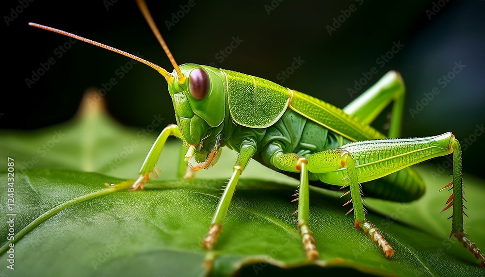 A macro shot of a tiny green grasshopper camouflaged on a leaf, highlighting its textured body and intricate details. The vibrant green hue blends seamlessly with the leaf A macro shot of a tiny green grasshopper camouflaged on a leaf, highlighting its textured body and intricate details. The vibrant green hue blends seamlessly with the leaf