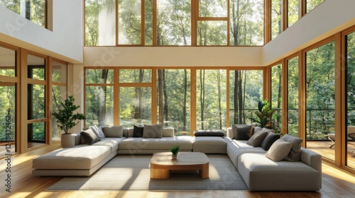 A cozy living room in one half of a twin house, showcasing modern furniture, large windows, and a minimalistic design. photo