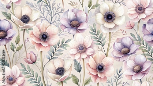 Elegant Pastel Anemones and Delicate Greenery Floral Design for Textile or Wallpaper Application