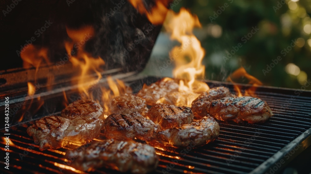 Juicy grilled steaks on open flame bbq with flames and smoke outdoors Juicy grilled steaks on open flame bbq with flames and smoke outdoors
