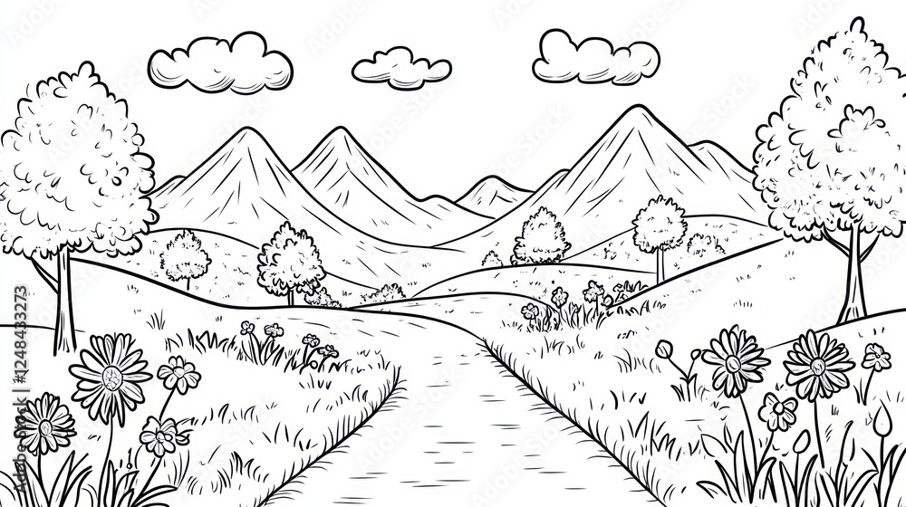 Peaceful valley path, scenic mountains, wildflowers, nature illustration, coloring book page Peaceful valley path, scenic mountains, wildflowers, nature illustration, coloring book page