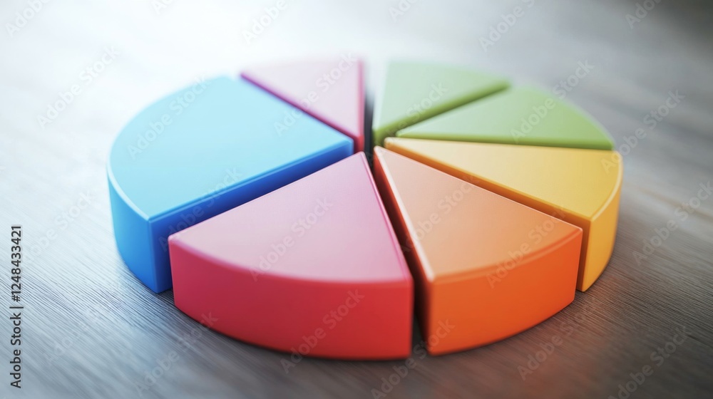 Fototapeta premium A detailed shot of a D pie chart with segmented sections and labels, displaying data in a visually engaging and three-dimensional format.