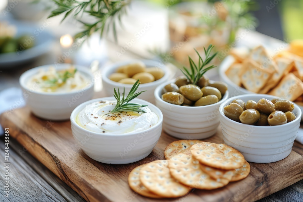 Gourmet platter with cheeses, olives, and crackers