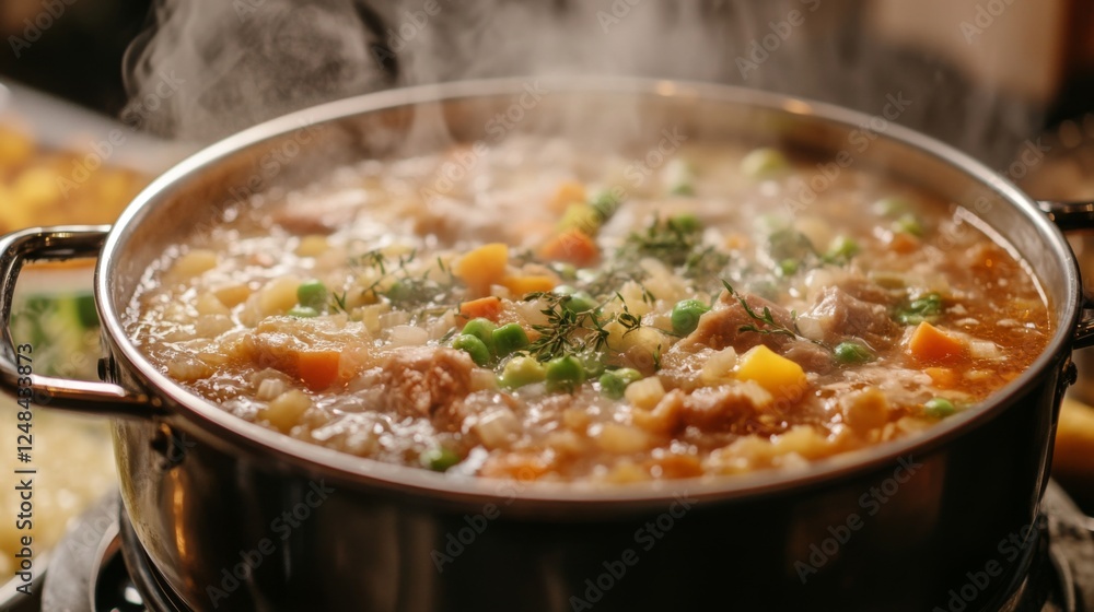 A detailed shot of a large stock pot filled with a hearty stew, with ingredients like vegetables and meat visible, and steam rising from the pot. A detailed shot of a large stock pot filled with a hearty stew, with ingredients like vegetables and meat visible, and steam rising from the pot.