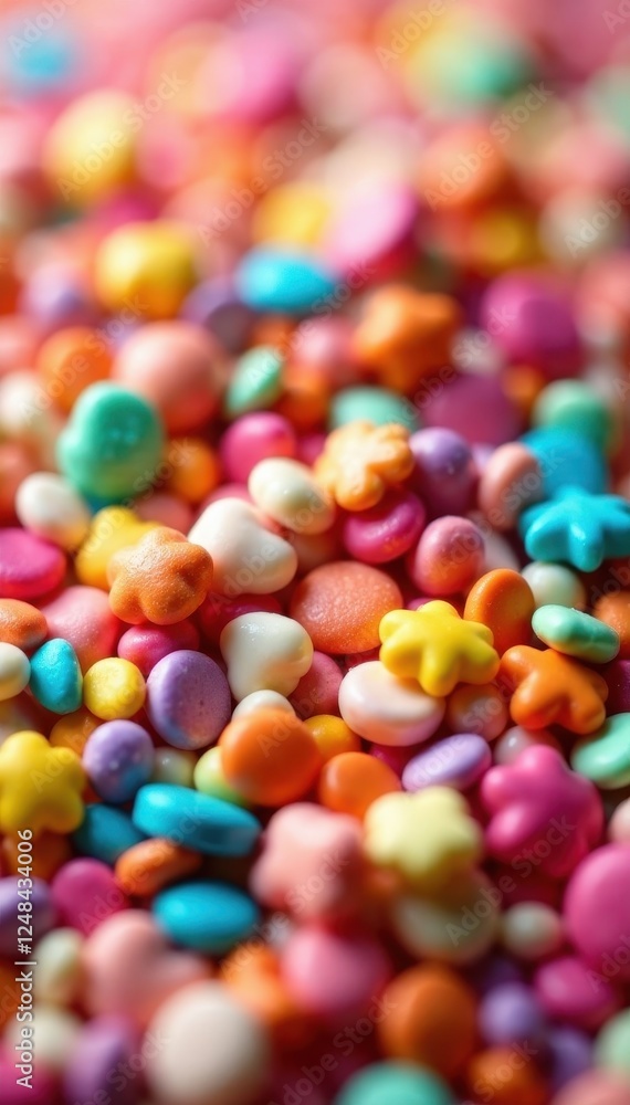 Close-up of vibrant candy sprinkles, various shapes, pastry, multicolored, assorted sprinkles Close-up of vibrant candy sprinkles, various shapes, pastry, multicolored, assorted sprinkles