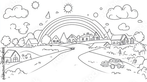 Wallpaper Mural Rainbow over idyllic village road, houses, nature; children's book illustration Torontodigital.ca