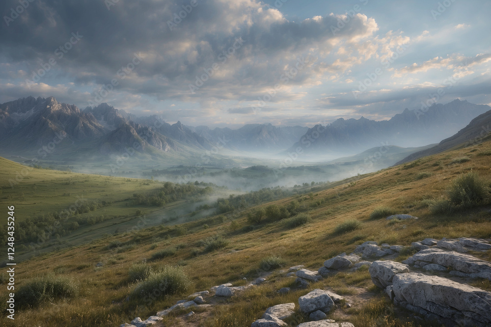 Naklejka premium Scenic mountain hills landscape with rolling golden fields and layers of distant peaks. Perfect for travel, nature, and adventure themes