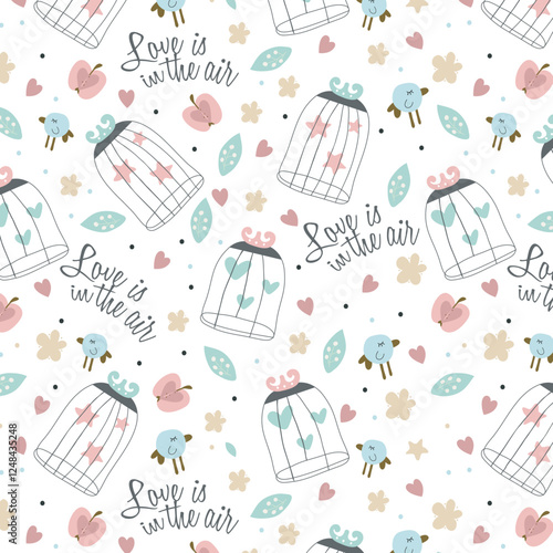 Vintage seamless texture with birds, cages and flowers. Seamless pattern can be used for wallpaper, pattern fills, web page background,surface textures. Gorgeous seamless floral background.