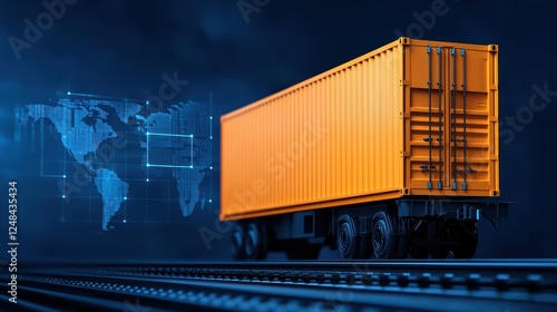 Bright Orange Shipping Container on Rails with Digital World Map photo