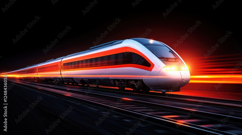 Fast Moving Modern Train with Bright Lights on the Railway Track Fast Moving Modern Train with Bright Lights on the Railway Track