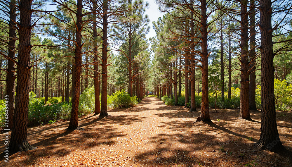 Fototapeta premium Winding forest path through pine trees, serene nature escape