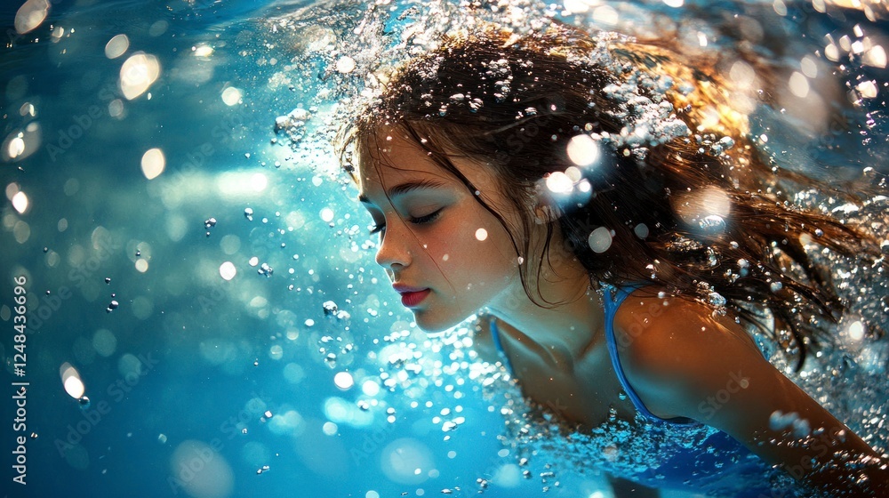 Serene Underwater Scene of a Female Swimmer Elegantly Gliding Through Crystal Clear Water with Sparkling Bubbles Serene Underwater Scene of a Female Swimmer Elegantly Gliding Through Crystal Clear Water with Sparkling Bubbles