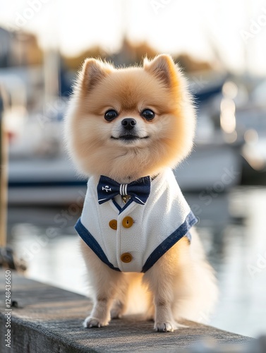 Elegant Pomeranian in a Sailor Outfit Posing by the Marina at Sunset photo