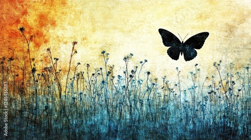 Wallpaper Mural Silhouetted butterfly over wildflowers, artistic field, warm sunset background, nature photography, print possible Torontodigital.ca