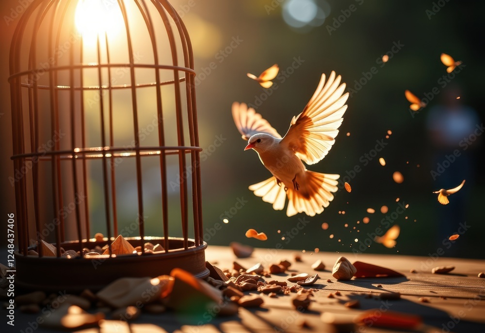 Fototapeta premium A white dove takes flight from a broken birdcage, symbolizing freedom and liberation.