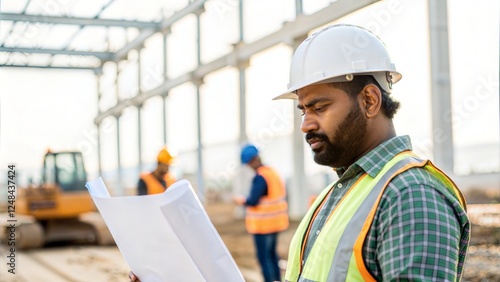 Indian Civil Engineer Inspecting Construction Site	
 photo