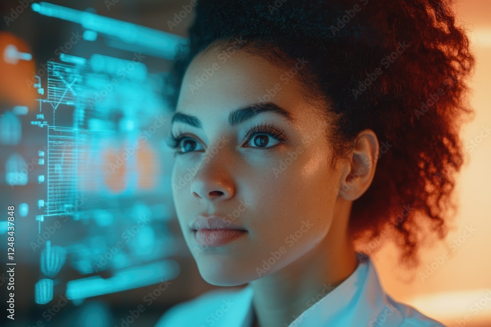 Obraz premium A young woman gazes intently at a futuristic, cyan-hued digital interface.