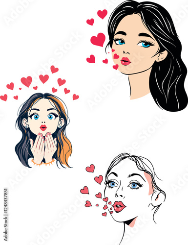 Vsai illustrated women blowing kisses with hearts