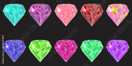 Gemstone icons set. Bright Jewels, Featuring Vibrant Colors, Brilliant Facets. Garnet, emerald, diamond, ruby isolated on black background. Vector