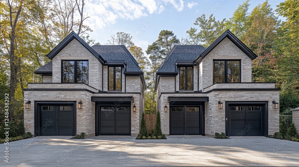 A newly built pair of twin homes with separate garages and identical architectural features, captured during daylight. A newly built pair of twin homes with separate garages and identical architectural features, captured during daylight.