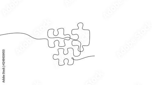 Continuous one line drawing animation of jigsaws on white background. Puzzle game symbol and sign business metaphor of problem solving, solution, and strategy. Animation video