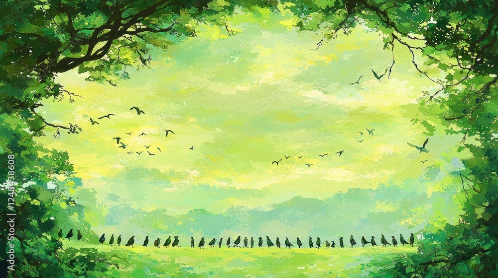 Fototapeta premium Birds fly over green forest landscape
