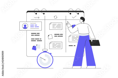 Task management concept. Man Character Task management application, business software, productivity online platform, progress tracking. Flat Cartoon Vector Illustration, icon. Stylish abstract 