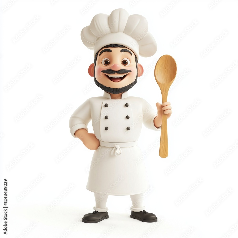 Cheerful chef in a white uniform holding a wooden spoon, isolated on white background Cheerful chef in a white uniform holding a wooden spoon, isolated on white background