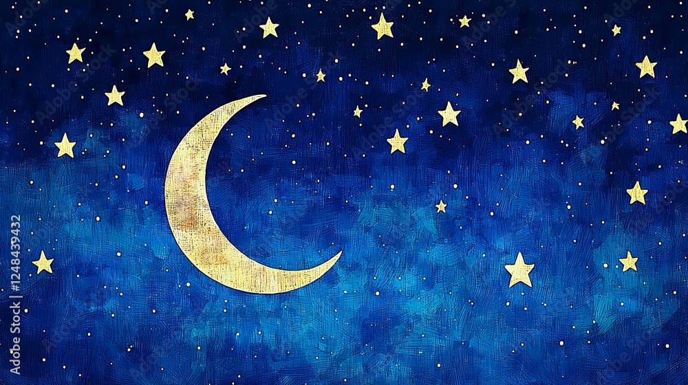 Fototapeta premium Crescent Moon and Stars Night Sky Painting