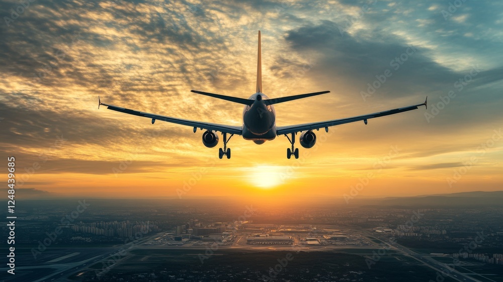 A shot of an airplane in the sky, with its landing gear extended as it approaches an airport with a cityscape below. A shot of an airplane in the sky, with its landing gear extended as it approaches an airport with a cityscape below.