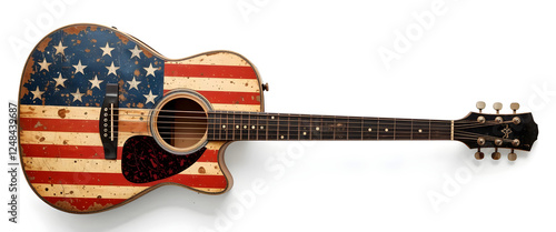 fictional unbranded vintage acoustic country guitar isolated. guitar shows lots of wear from years of use. american flag colored pattern. USA, united states, america,  rustic, worn, retro, distress