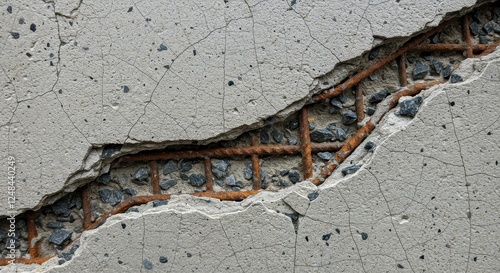 Close-up Photograph of Cracked Concrete Showing Rusted Reinforcement Bars - Ideal for Construction, Architecture, and Structural Analysis Use Cases