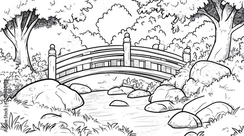 Wallpaper Mural Serene garden bridge over stream, rocks, lush foliage. Coloring book page Torontodigital.ca