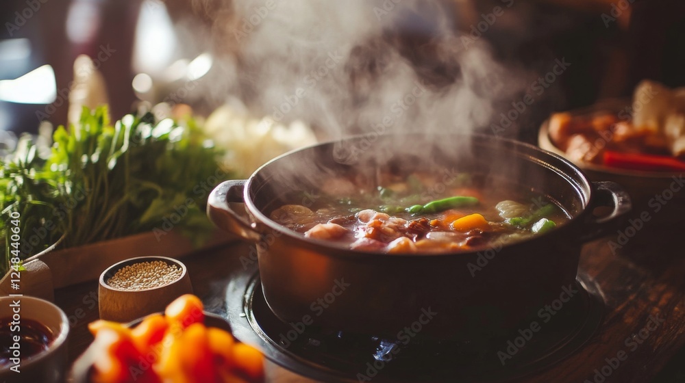 A steaming pot of shabu broth surrounded by fresh vegetables, sliced meats, and dipping sauces on a wooden table in a cozy restaurant. A steaming pot of shabu broth surrounded by fresh vegetables, sliced meats, and dipping sauces on a wooden table in a cozy restaurant.