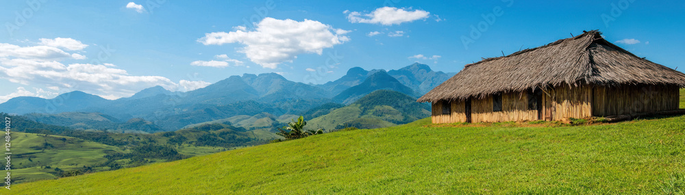 sustainable tourism destination featuring eco lodges amidst lush mountains and green fields, inviting relaxation and adventure sustainable tourism destination featuring eco lodges amidst lush mountains and green fields, inviting relaxation and adventure