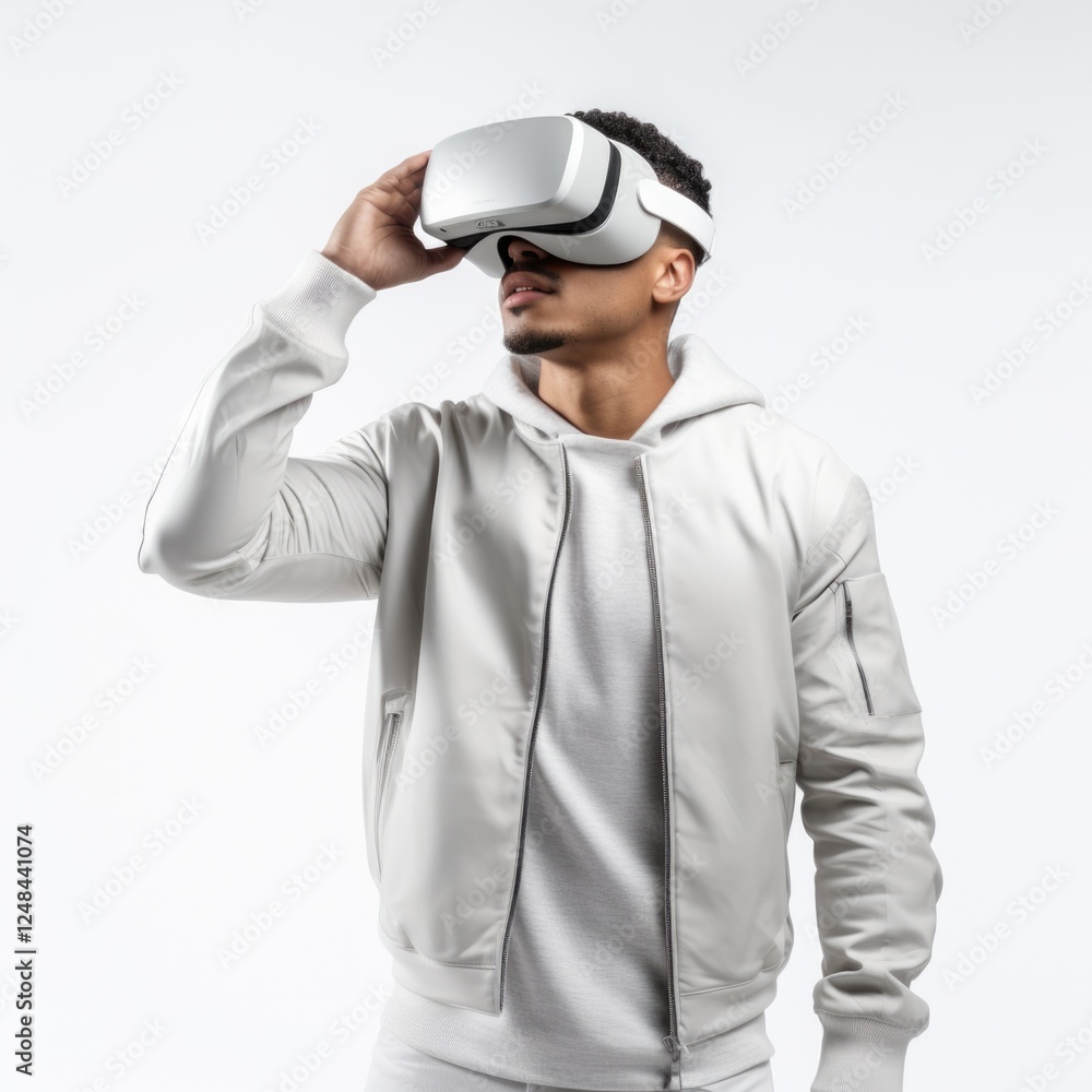 Young people wear visual goggle watching multi media in white background Young people wear visual goggle watching multi media in white background