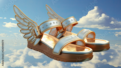 Golden Winged Sandals Floating on Clouds A Dreamy Fantasy Illustration photo