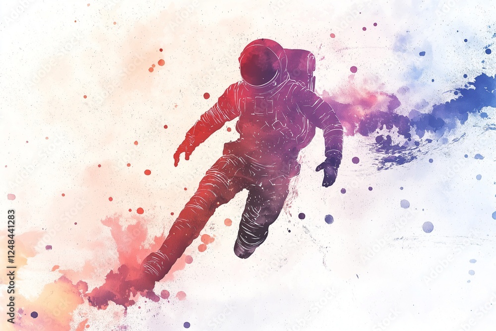 Naklejka premium astronaut in space flying through cosmos with vibrant watercolor splashes of color on white background