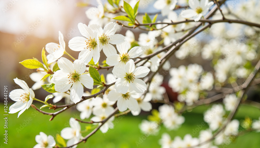 Blooming dogwood tree in residential garden during spring, seasonal beauty Blooming dogwood tree in residential garden during spring, seasonal beauty