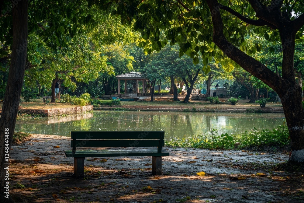 Tranquil park bench by a serene pond, lush trees, gazebo in background