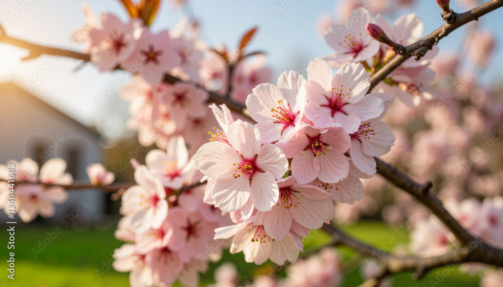 Delicate crabapple blossoms blooming in suburban neighborhood, spring beauty Delicate crabapple blossoms blooming in suburban neighborhood, spring beauty
