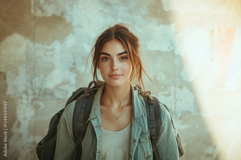 A young woman with a backpack stands against a weathered wall, her confident gaze meeting the camera. A young woman with a backpack stands against a weathered wall, her confident gaze meeting the camera.