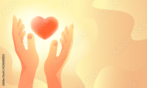 Human hands with heart. Concept hope and care, mercy and volunteering, cardiology. Banner with copy space. Gradient modern flat style. Vector illustration.