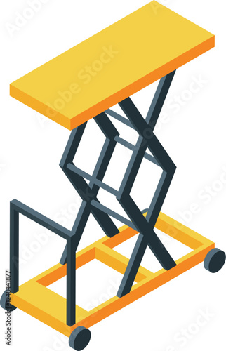 Isometric mobile scissor lift table on wheels for lifting cargo in warehouse